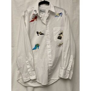Mili Designs Women's White Button Up Top with High Heel Shoe Theme - SZ S